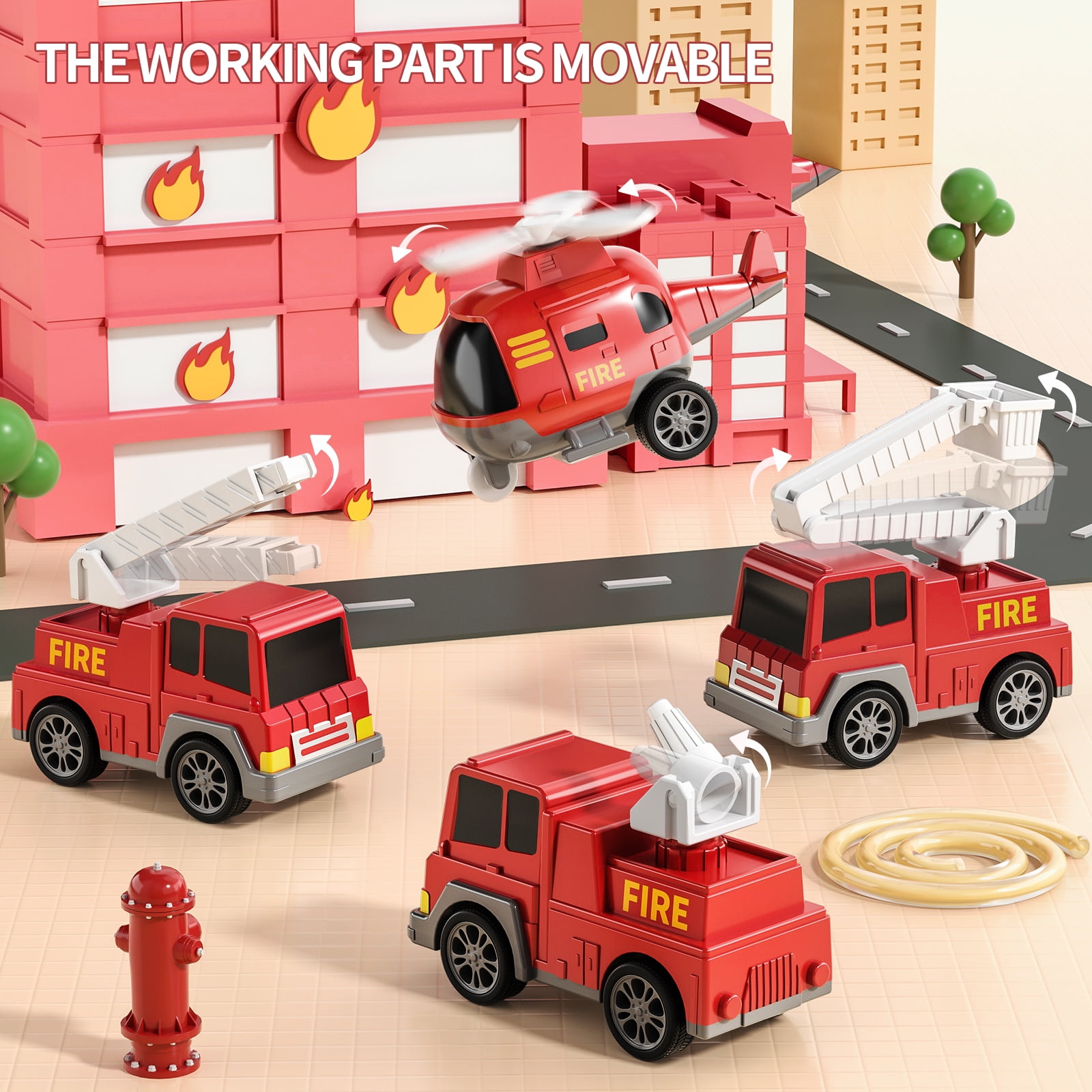 Lucky Doug Fire Truck Car Set for Toddlers Ages 1-3-5, 5 in 1 Carrier Truck Toys with Light & Sound, Toddlers Boys Toys Ages 2 3-5 as Birthday Gift