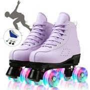 EONROACOO Roller Skates for Adult & Kids, Classic Double Row Leather Shiny Quad Skates(Purple, Women 6.5/Men 5)