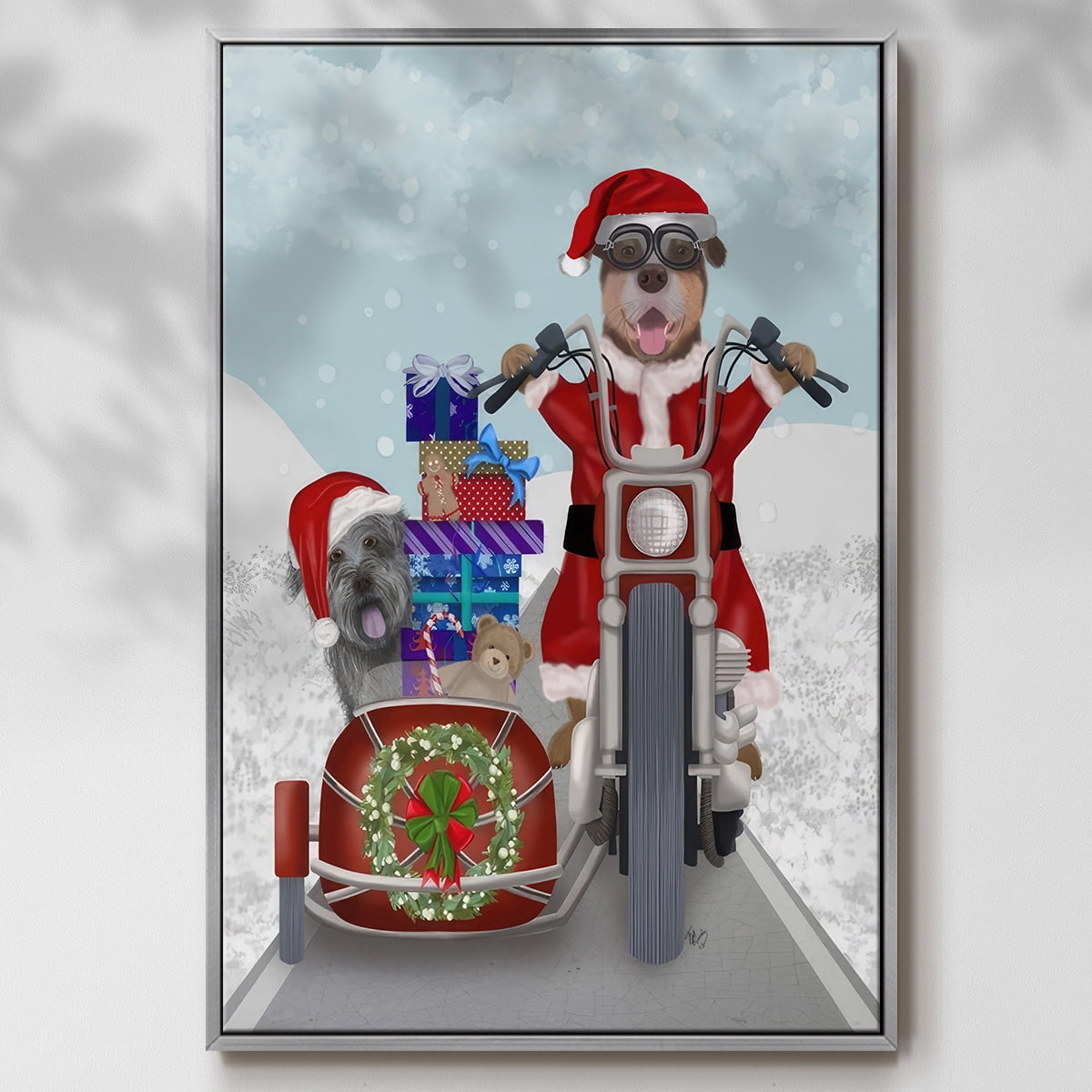 Christmas Mutts Christmas Chopper - Framed Gallery Wrapped Holiday Canvas - 17 x 25 - Silver Frame