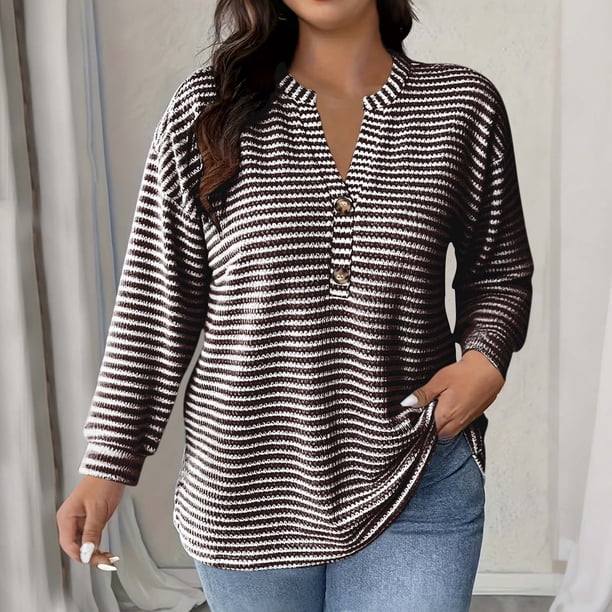 TaTaai Women Striped Long Sleeve Button V Neck Pullover Casual Fashion Top Ladies Spring Autumn Daily Commute Street Wear Soft Comfortable No Fading Machine Washable Blouse Gift