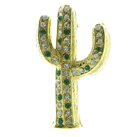 Cactus Brooch-Pin Gold-Tone Metal With Clear & Green Crystal Accents LQP787