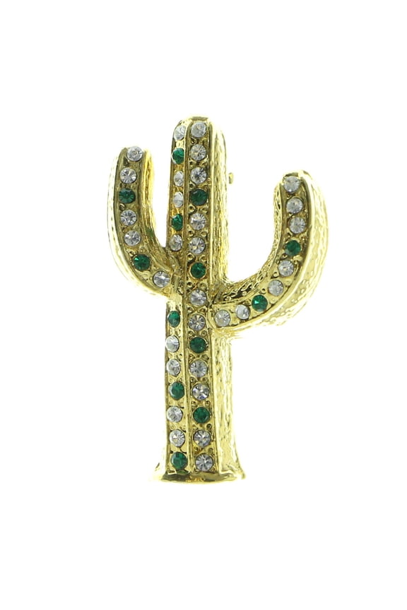 Cactus Brooch-Pin Gold-Tone Metal With Clear & Green Crystal Accents LQP787