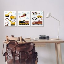 Stupell Industries Travel and Construction Illustration Trains Trucks Cars Framed Wall Art Design by Daphne Polselli, 3 Piece, 16" x 20", Black Framed