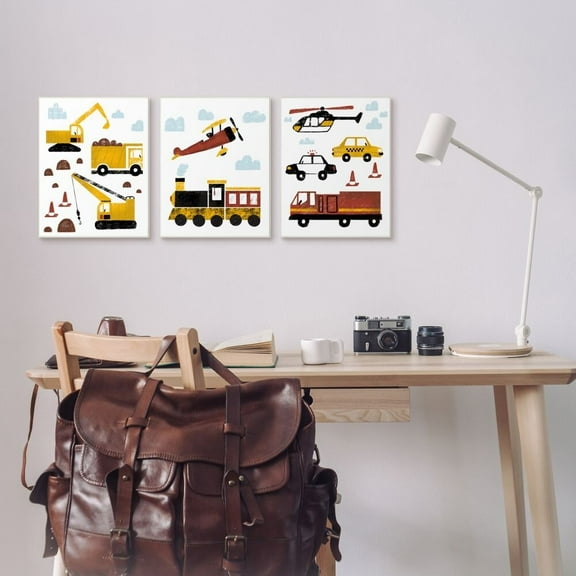 Stupell Industries Travel and Construction Illustration Trains Trucks Cars Framed Wall Art Design by Daphne Polselli, 3 Piece, 16" x 20", Black Framed