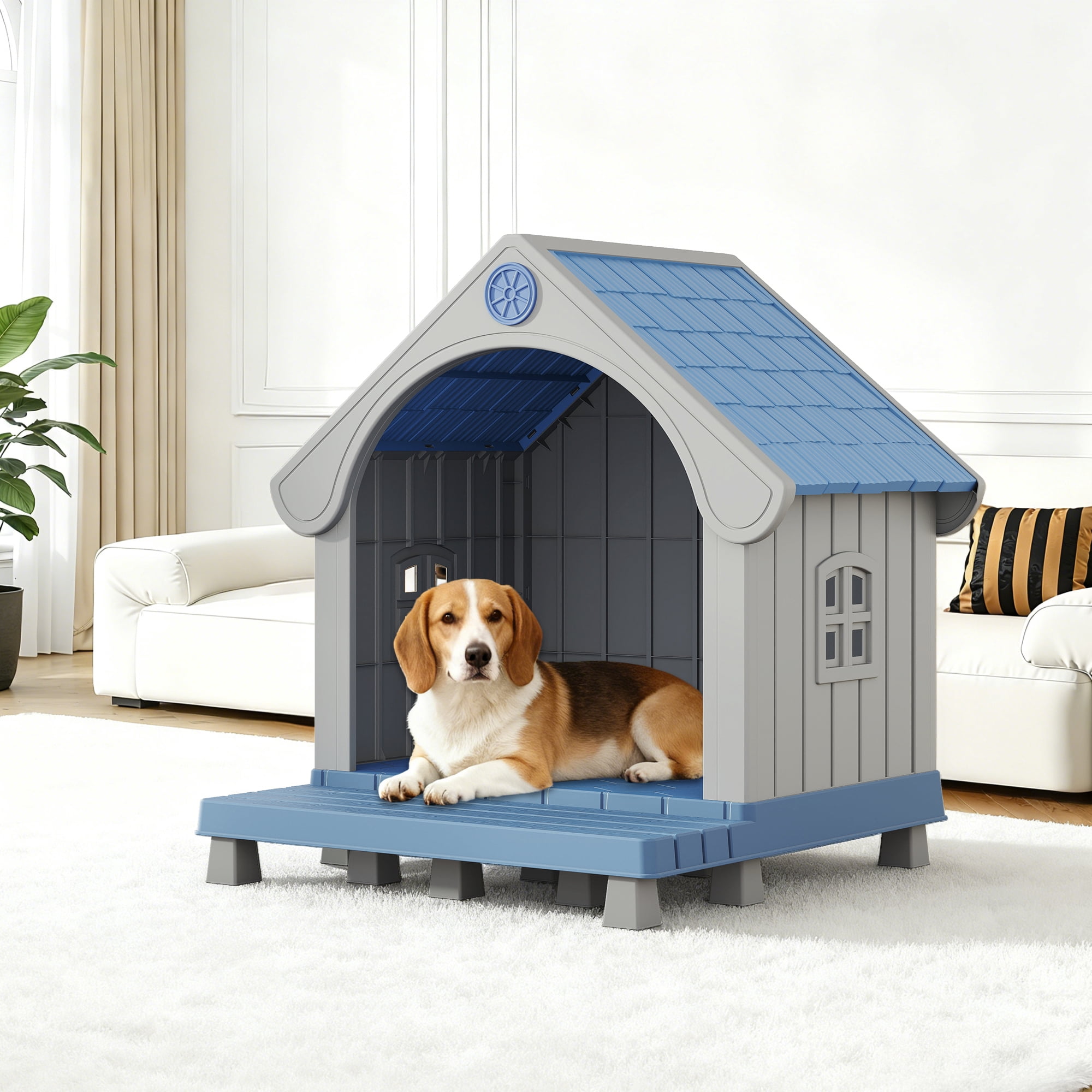Nihsuao Durable Waterproof Dog House for Small to Medium Dogs, Indoor Outdoor Plastic Kennel with Porch, Sloping Roof & Elevated Floor, Easy Clean, Blue, 32.95"L x 31.5"W x 37.88"H