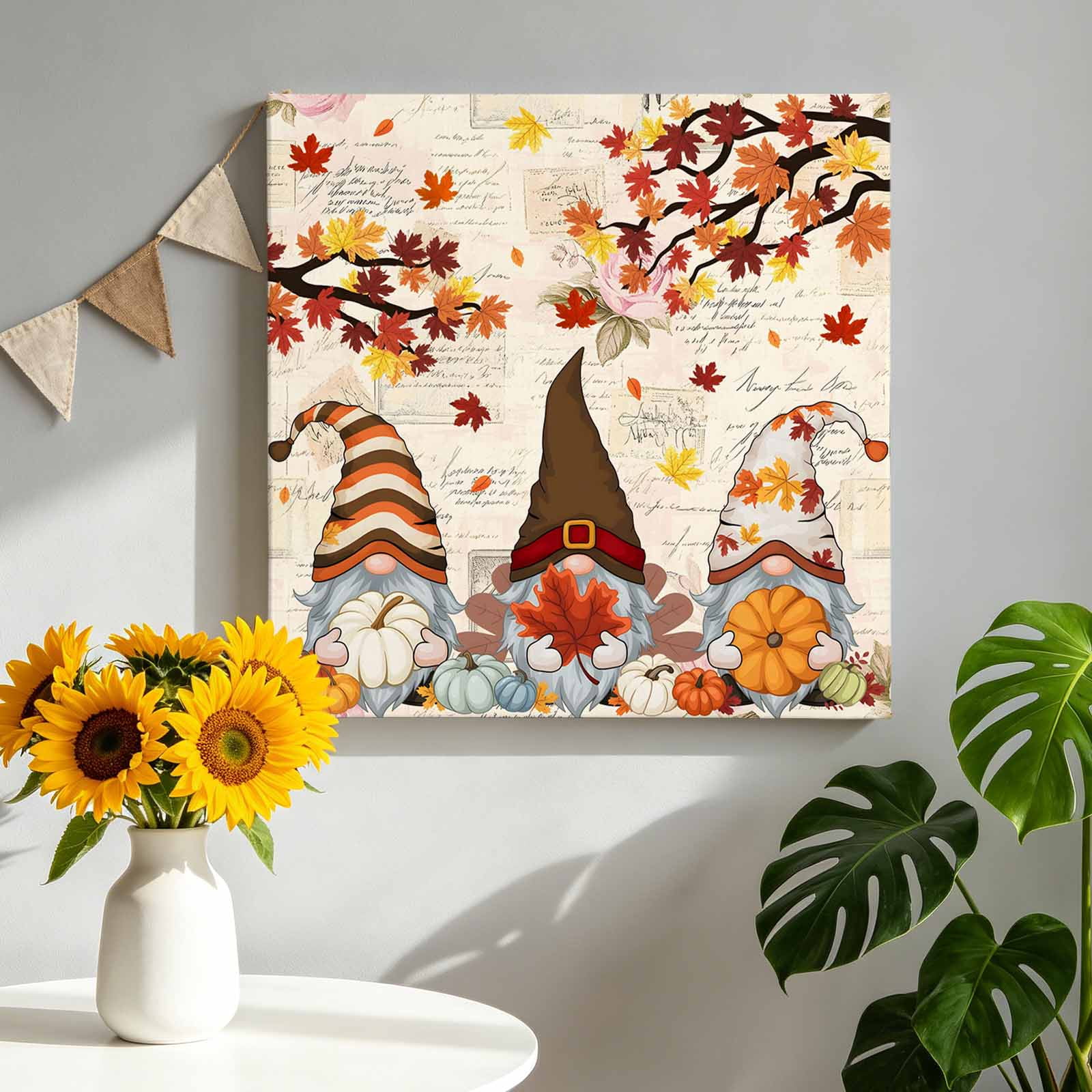 Thanksgiving Gnome Canvas Wall Art for Living Room, Dwarf Fall Maple Leaves Pumpkin Retro Letter Poster Print Painting for Bedroom Office Home Decoration Wall Pictures Prepare To Hang 10"x10"