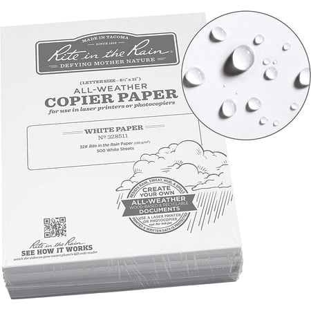Rite In The Rain Weatherproof Bulk Copier Paper, 8 1/2" x 11", 32# White, 500 Sheet Pack (No. 328511)