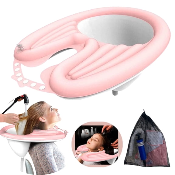 LC-dolida Shampoo Basin, Foldable Shampoo Basin with Drain Tube Air Pump Storage Bag, Small and Lightweight for Bedridden, Children, Pregnant, Elderly(Pink)
