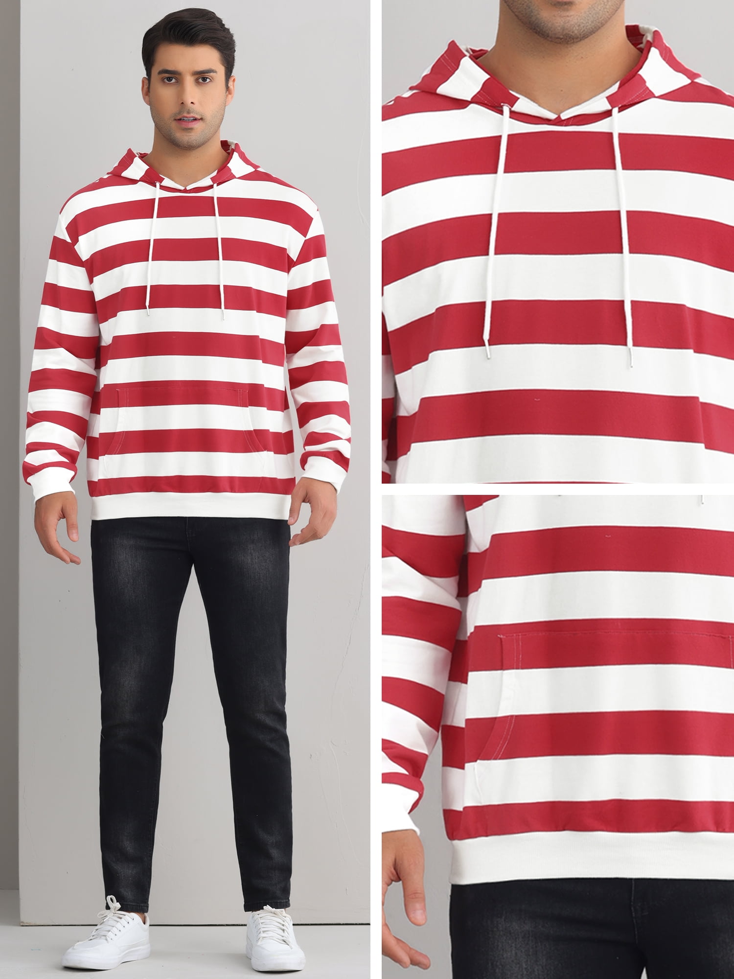 DARING DIVA Men's Striped Long Sleeves Drawstring Pullover Sweatshirts Hoodie M Red White