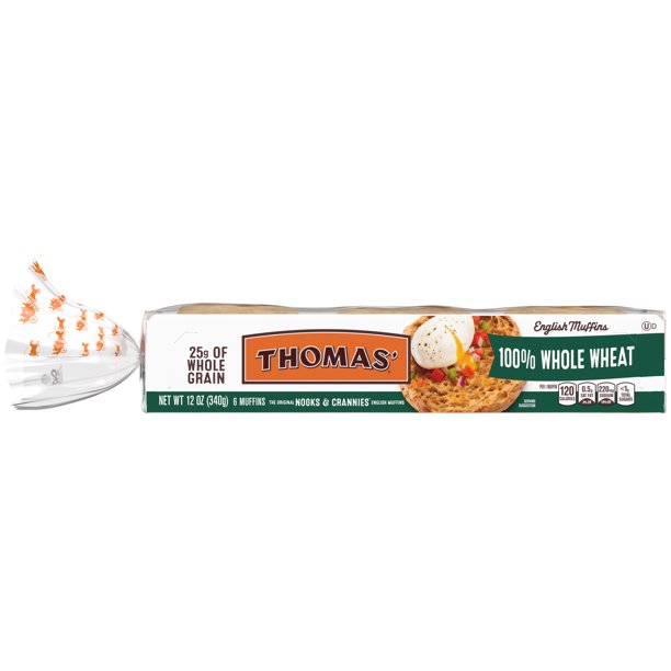 Thomas' 100 Whole Wheat English Muffin, Made with Whole Grains, 6