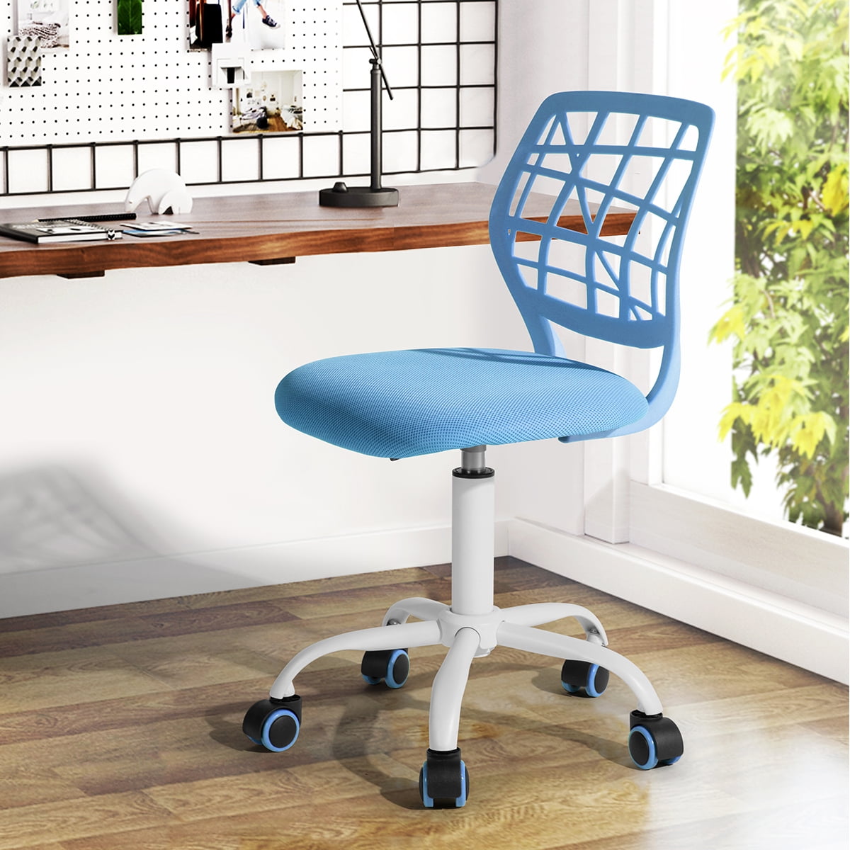 Armless Task Chair for Teens Girls, 360° Swivel Height Adjustable Desk Chair, PP Mesh Back Fabric Seat with Rolling Casters for Study Bedroom Vanity