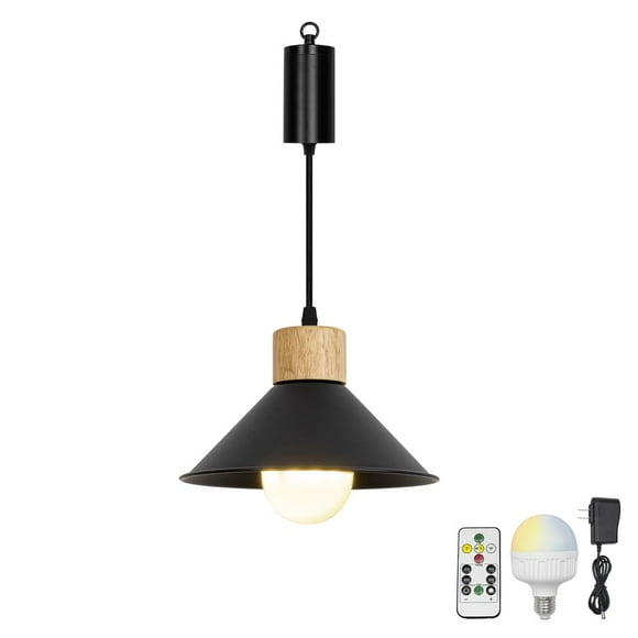 FSLiving Pendant Light with Rechargeable Battery Operated LED Bulb RGB Mode Dimmable Timing Lamp Adjustable Wire Length Hanging Light Black 8.7" Metal Shade E26 Wooden Base for Depot - 1 Light