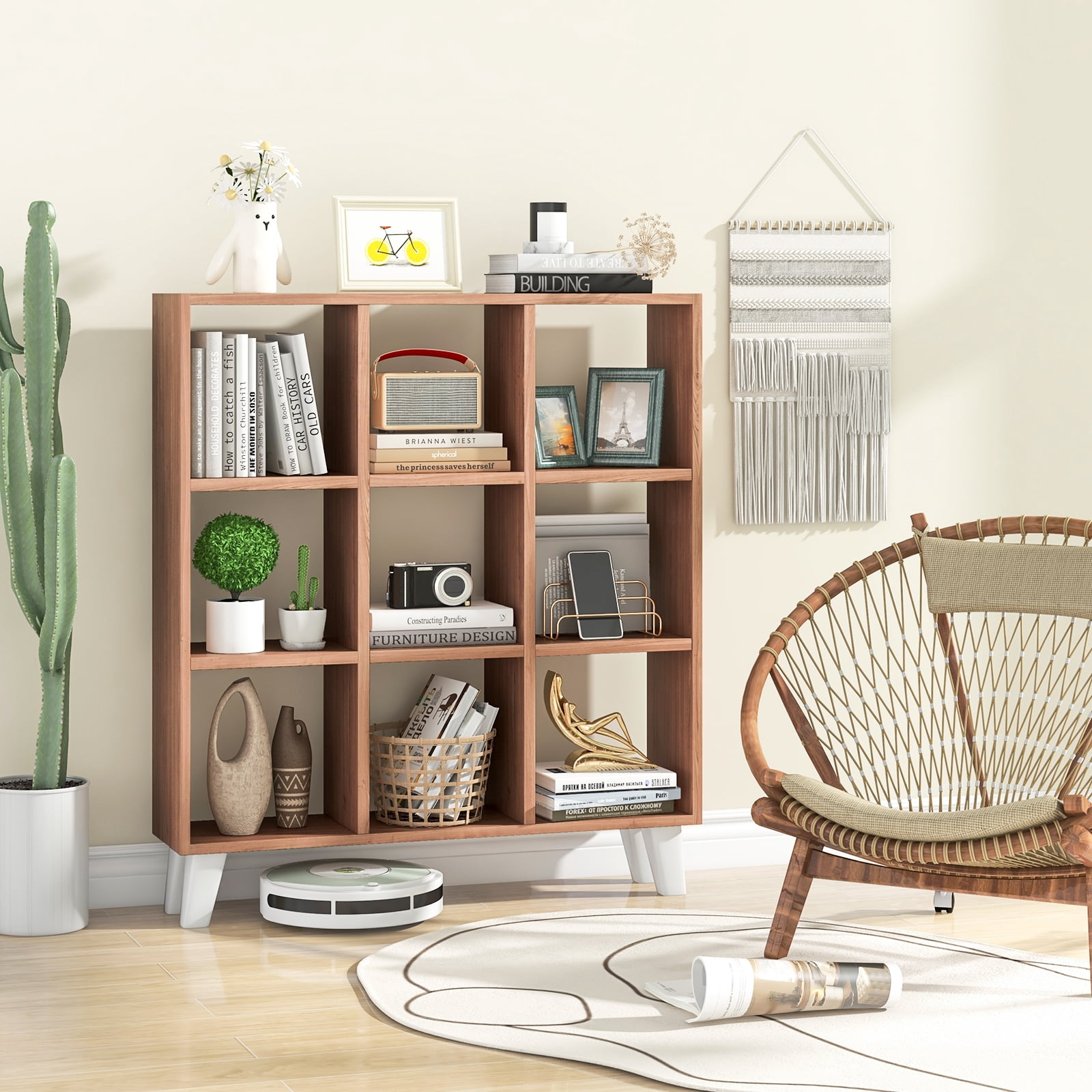 Topbuy 9-Cube Open Bookcase 3-Tier Floor Standing Bookshelf with 4 Slanted Legs 6 Removable Shelves Brown