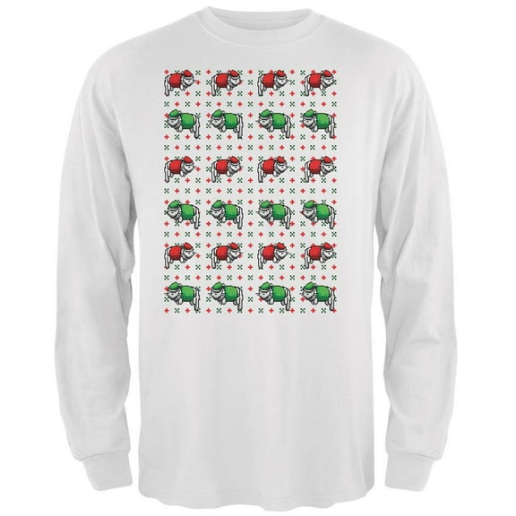 8 Bit Xmas Cat Ugly Sweater White Adult Long Sleeve T-Shirt - Large