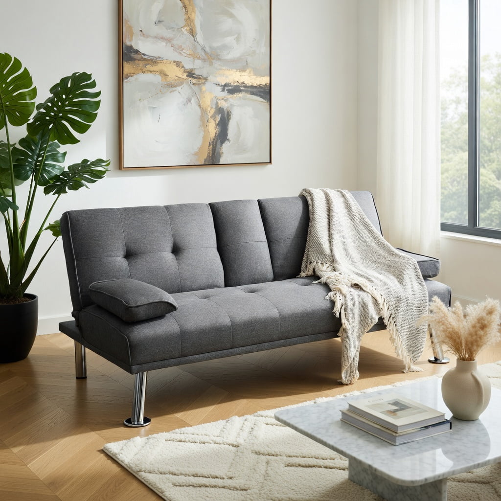 Hommoo Convertible Futon Sofa Bed with 2 Cup Holders – Linen Fabric, Iron & Pine Wood Frame, 3-Position Adjustable (Dark Gray)