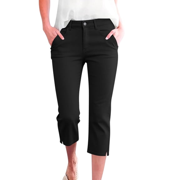 Yuanlook Women's Mid-Rise Straight-Leg Capri Pants, Casual Cropped Denim Trousers with Button Closure & Side Slits, S-XXL