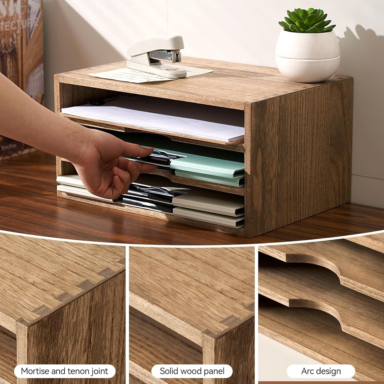 Wooden Desktop Organizer Paper Storage Letter Tray File Sorter - Desk Rack Magazine File Dividers Holders for Home Office Accessories with 3 Layer Trays Dark Brown