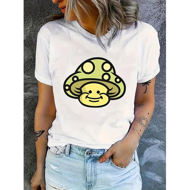 Camisetas con estampado para mujer, camisetas de manga corta de verano 2025, blusas casuales con cuello redondo para adolescentesWomen's Casual Crew Neck T-Shirt with Smiling Mushroom Print, Polyes
