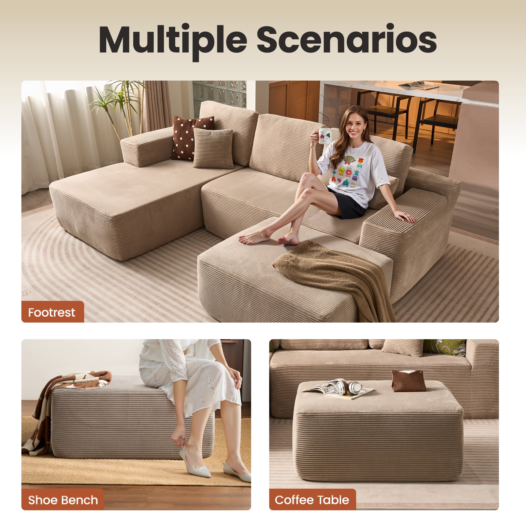 Ovios Oversized Ottoman Footrest for Sofa Large Corduroy Pouf Ottoman Coffee Table Rectangle Floor Bench Extra Seating for Living Room, No Assembly, Camel