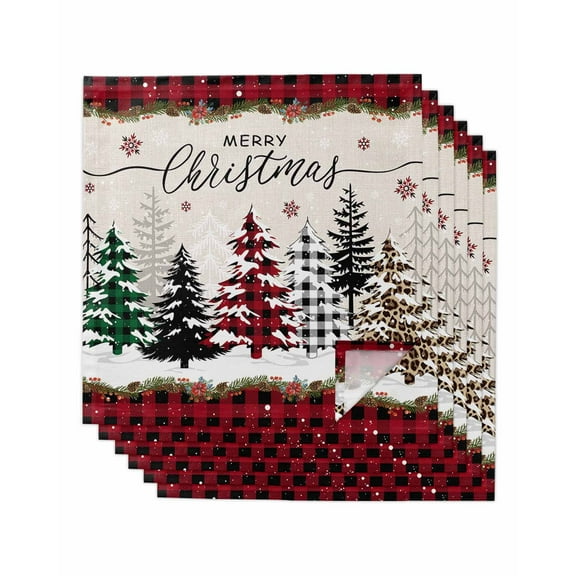 Christmas Tree Cloth Napkins Set of 6, Red Black Plaid Xmas Snowflake Washable Reusable Dinner Cocktail Napkin for Kitchen Party Wedding Banquet Holiday Baby Shower Table Decor