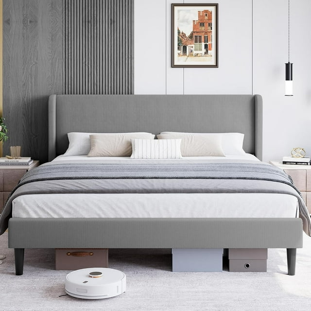 King Size Bed Frame, Luxurious Velvet Upholstery Platform Bed with Wingback Headboard, Wooden Slat Support, Easy Assembly, No Box Spring Need, Light Gray