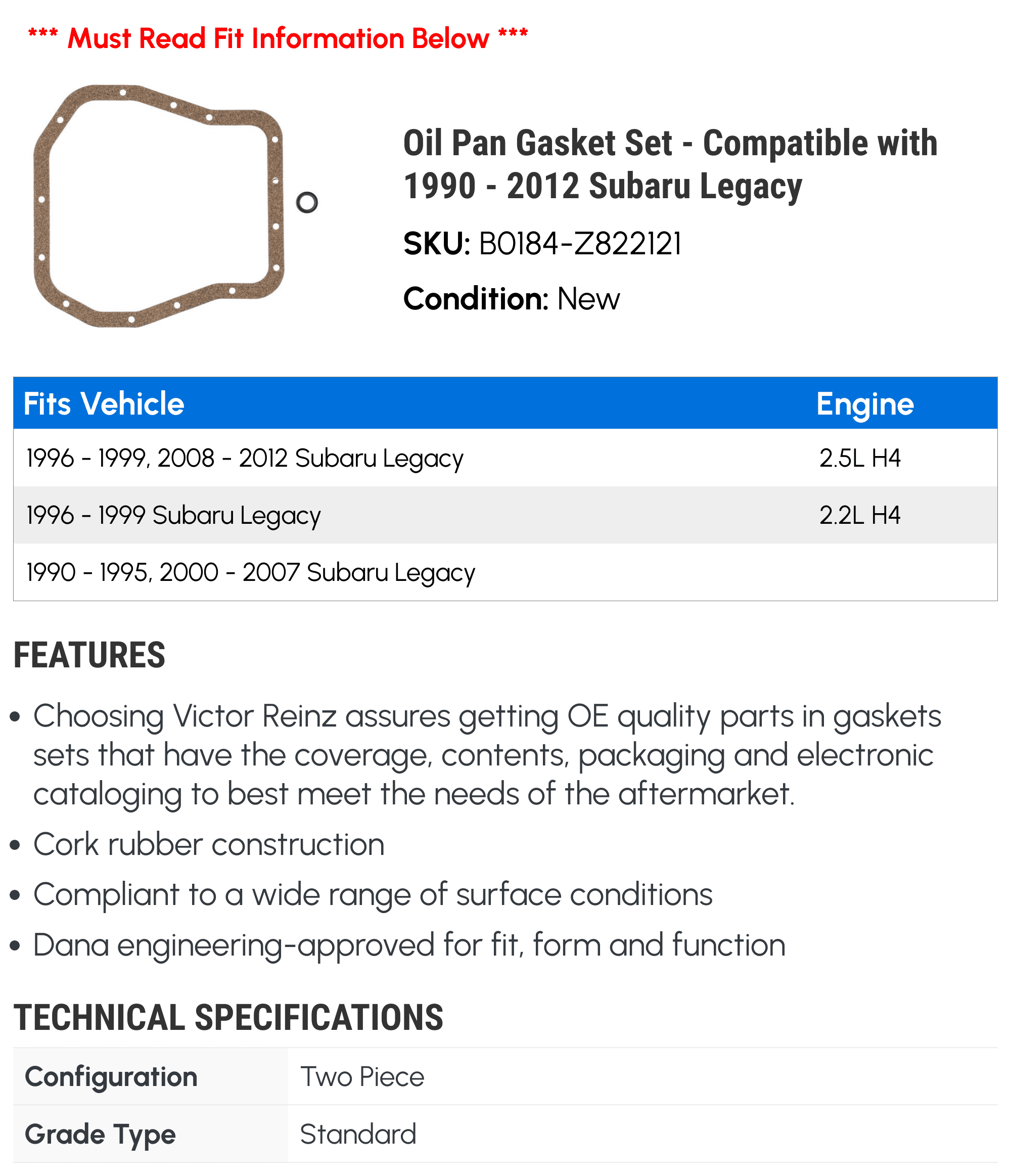 Oil Pan Gasket Set - Compatible with 1990 - 2012 Subaru Legacy 1991 1992 1993 1994 1995 1996 1997 1998 1999 2000 2001 2002 2003 2004 2005 2006 2007 2008 2009 2010 2011