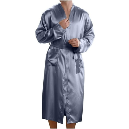 

XIAOFFENN Mens Kimono Robes Long Men Nightgown with Pockets Nightshirts Long Sleeve Casual Soft Sleep Shirts Long Nightgown Men Big and Tall Gray Large