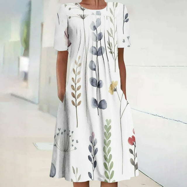Robe Maxi pour Femmes Été Imprimé Bohème Manches Courtes Robe de Plage Longueur Genou Robe Manches Courtes en Solde