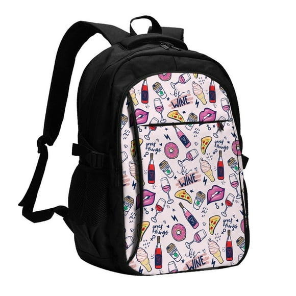 Sikiie Wine Print USB Travel Backpack, Multi-pocket Laptop Bag with USB Charging Port, Suitable for School, Work and Outing, Unisex
