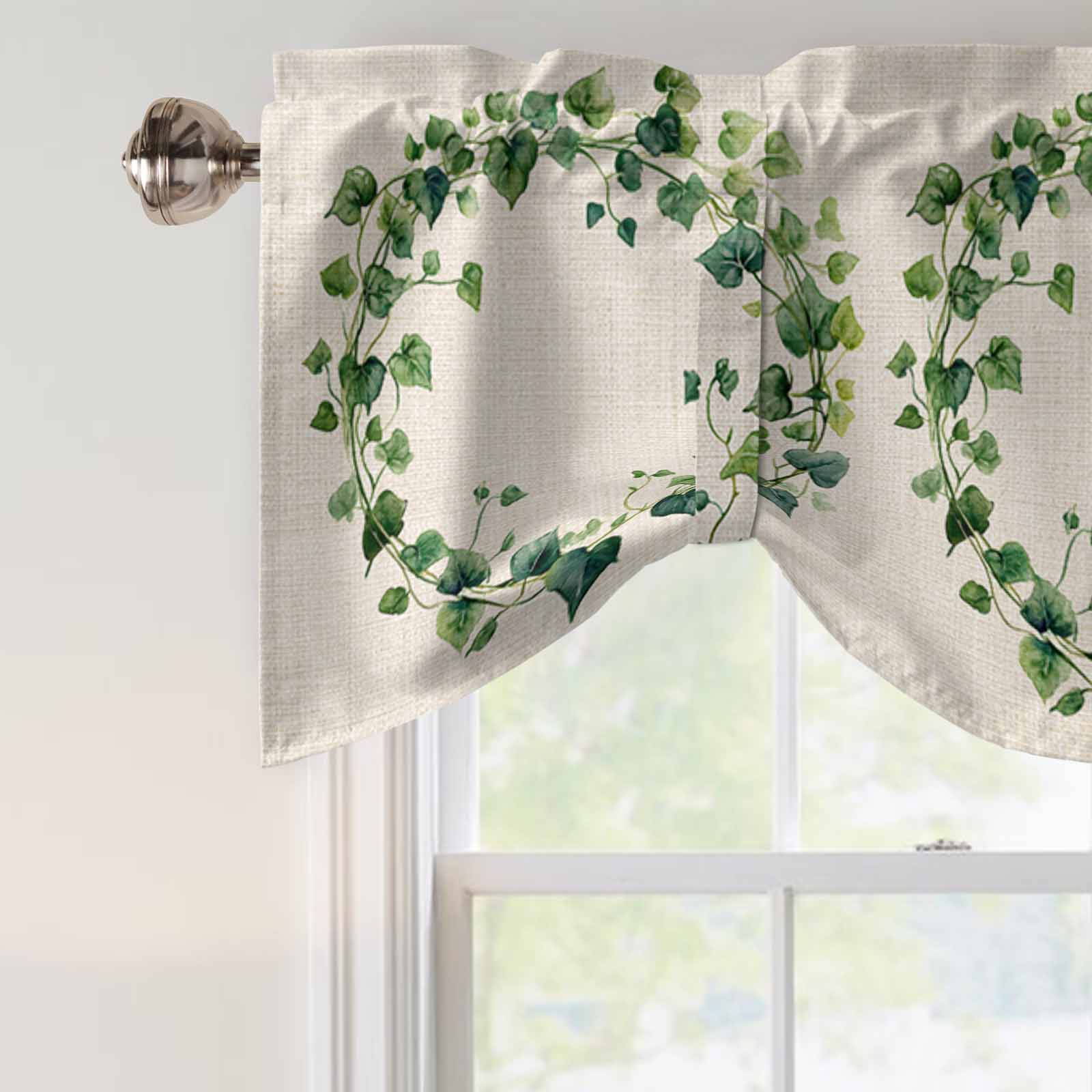Spring Plant Tie Up Valances Curtain, Green Circle Leaf Linen Texture Adjustable Rod Pocket Short Window Treatment Tie Up Curtains Valances for Kitchen Living Room Bathroom 60x18 Inches