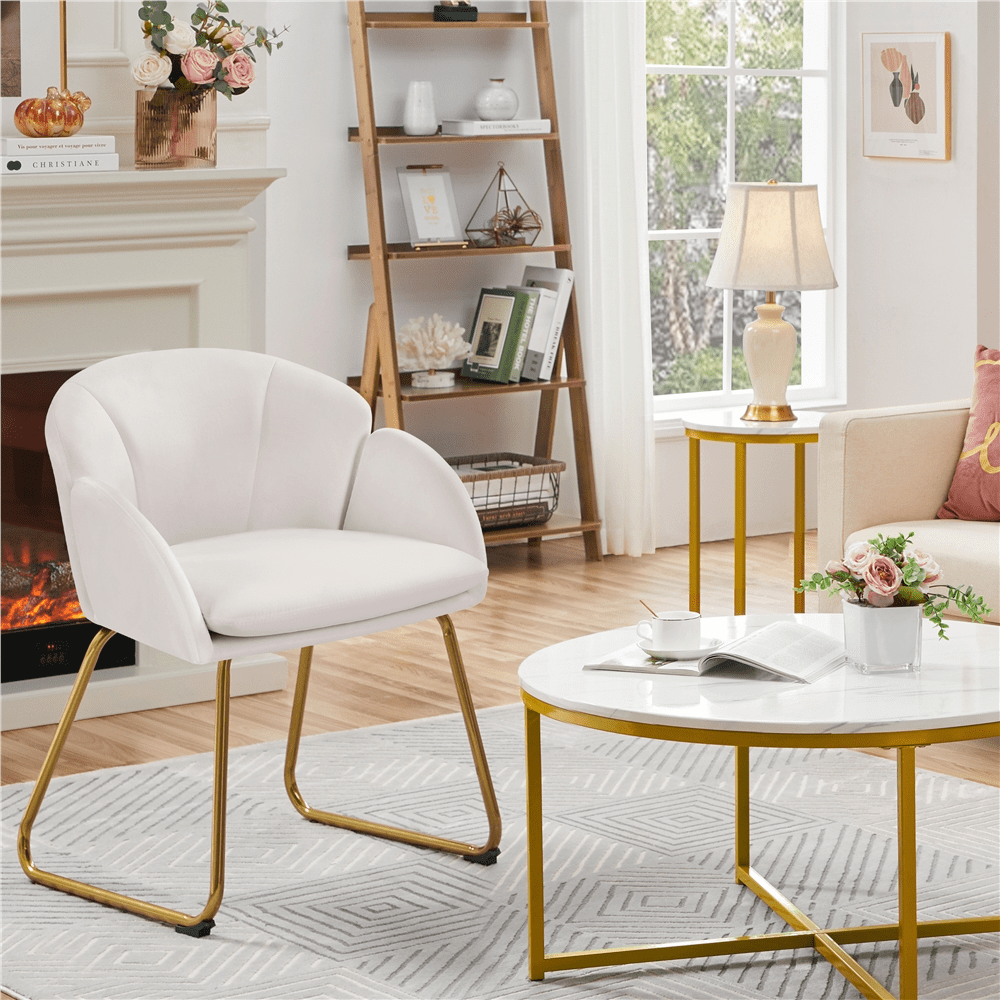 Alden Design Flower Shape Velvet Accent Chair with Golden Metal Legs for Livingroom, White