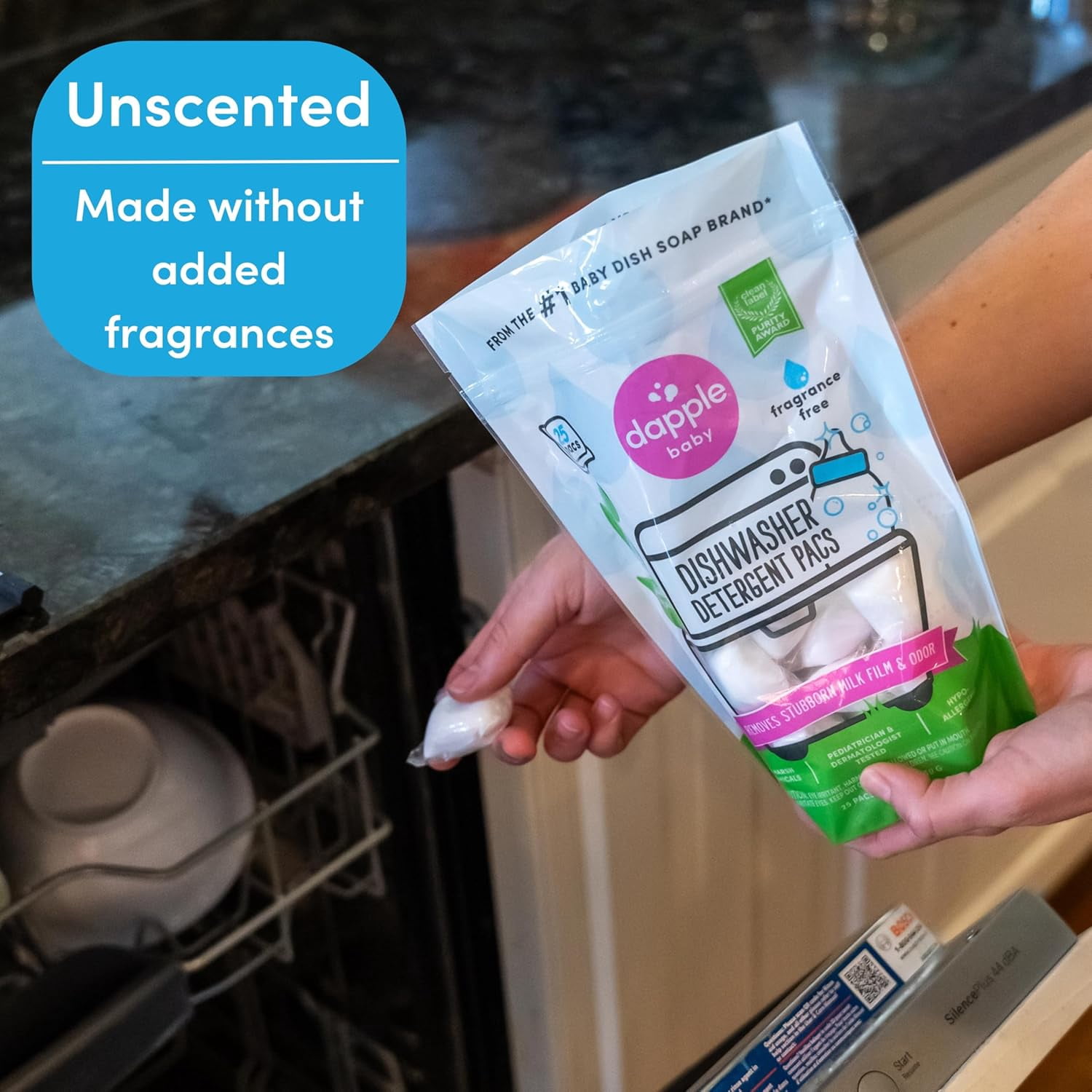 Baby Dishwasher Pacs, Hypoallergenic Dishwasher Pods Powered by Plants, Removes Milk Residue & Odor on Dishes, Baby Bottles & Kitchenware, Fragrance Free, 50 count