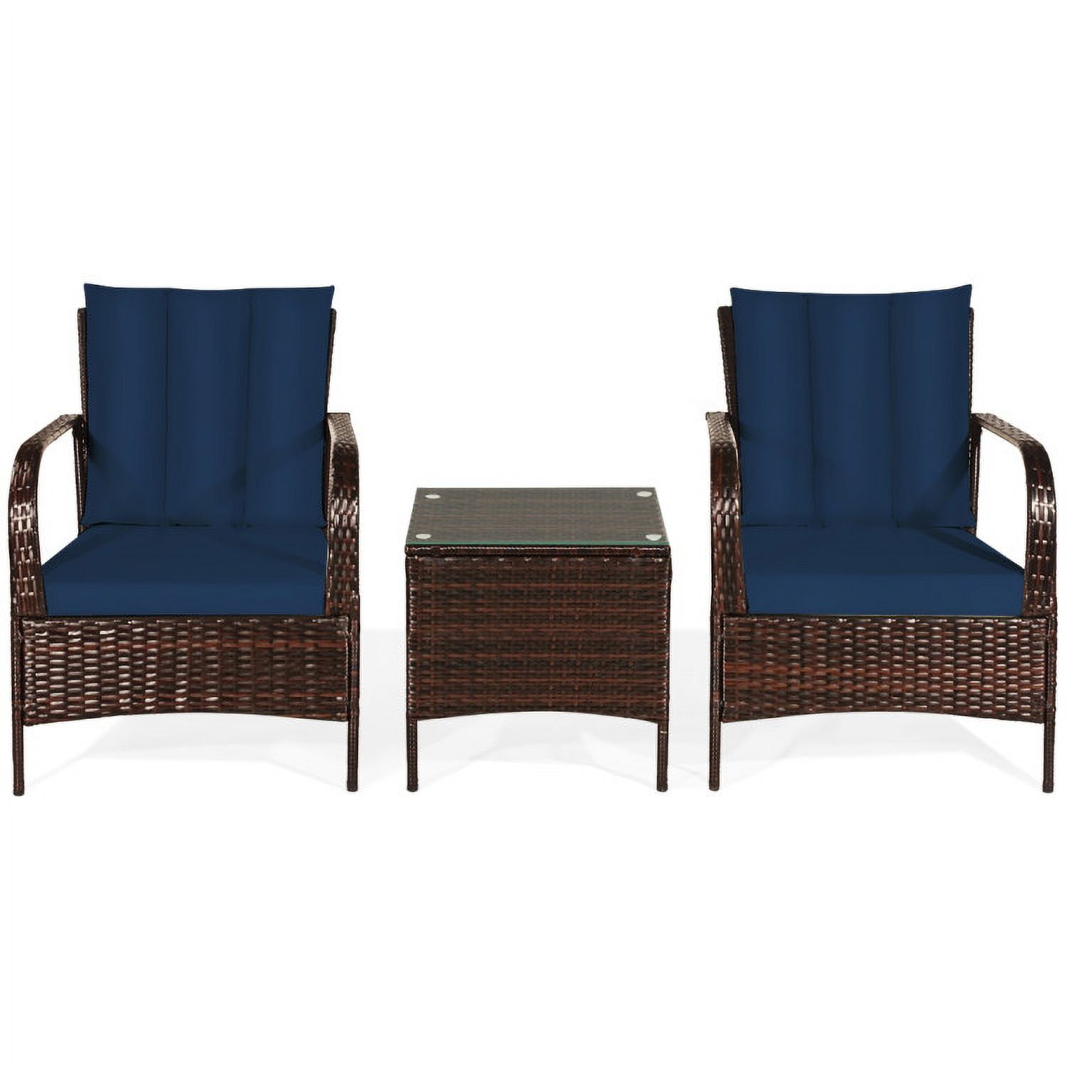 Aimee Lii 3 Pcs Patio Conversation Rattan Furniture Set, Small Patio Set with Glass Top Coffee Table and Cushions, Navy Aimee Lii 3 Pcs Patio Conversation Rattan Furniture Set, Small Patio Set with Glass Top Coffee Table and Cushions, Navy