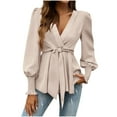 thumbnail image 3 of ClodeEU Womens V Neck Wrap Long Sleeve Slim Business Work Chiffon Blouses ,Casual Belt Tunic Shirt Tops Khaki,Womens Plus L, 3 of 8