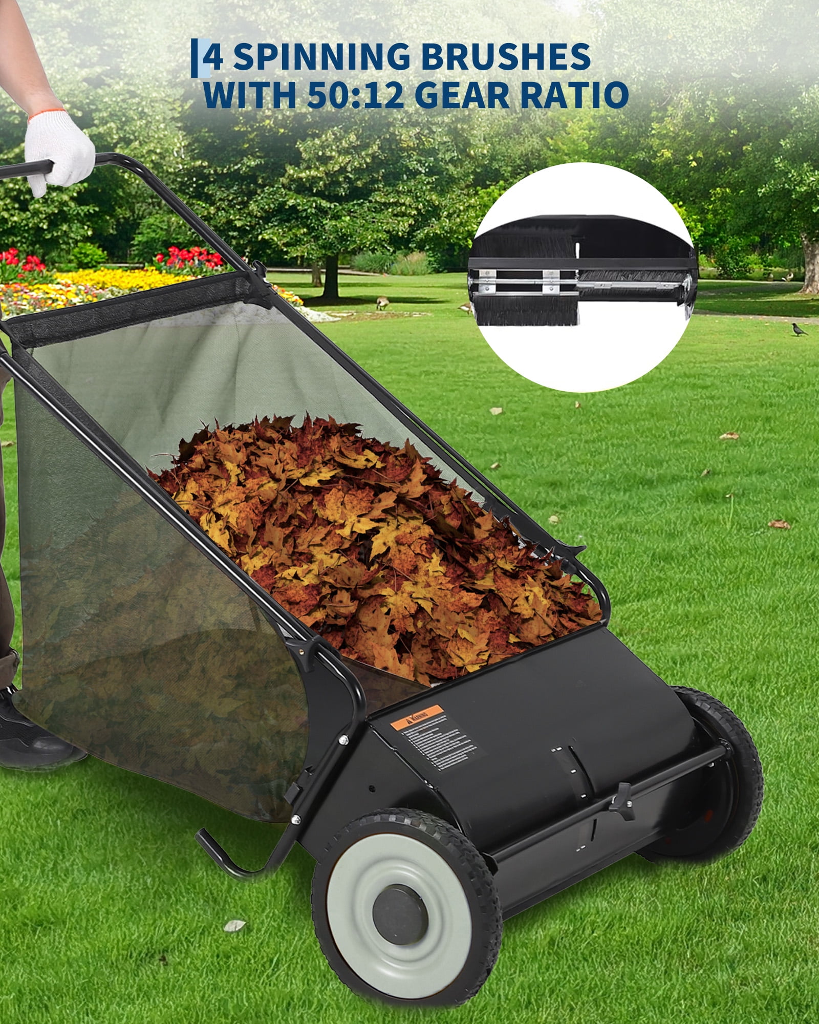 Ladcaser 26 in Push Lawn Sweeper, 7 Cu. Ft. Hopper Capacity Grass Sweeper, Manual Push Yard Sweeper with Height Adjustment & 4 Fast Spinning Brushes for Grass Clippings Leaves & Debris, Black
