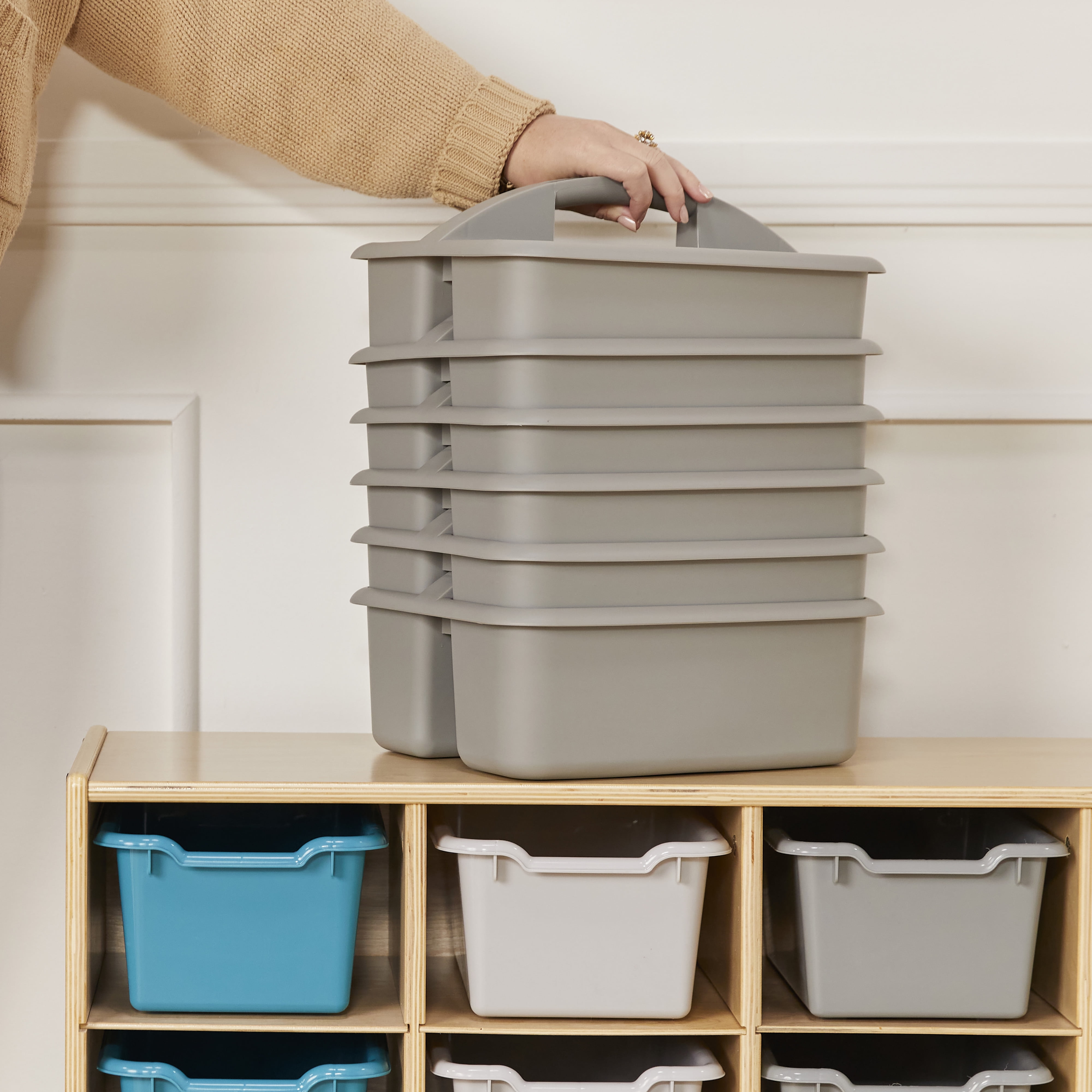 ECR4Kids 2-Compartment Large Plastic Caddy, Multipurpose Organization, Grey, 6-Pack