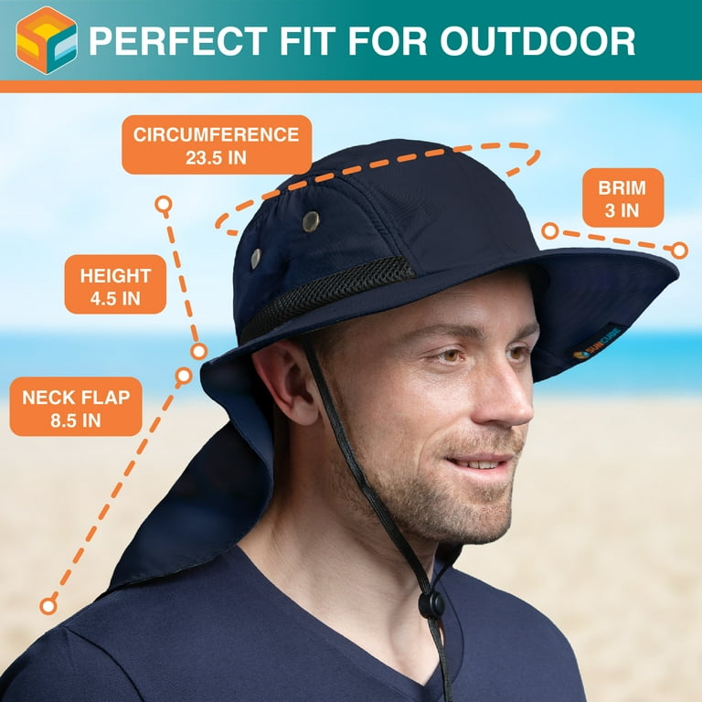 SUN CUBE Sun Hat for Men, Wide Brim Fishing Hat Neck Flap Cover Men Women,  Hiking Safari, UV Sun Protection Summer Gardening Beach Camping UPF 50+,  Navy 
