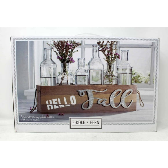 Bouteilles en Verre Décoratives Essentielles pour la Maison 7 Pcs avec Caddy en Bois