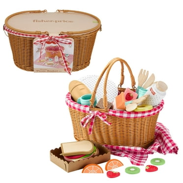 Fisher-Price Wooden Picnic Basket and Food Pretend Play Set for Preschool Kids, 31 Pieces