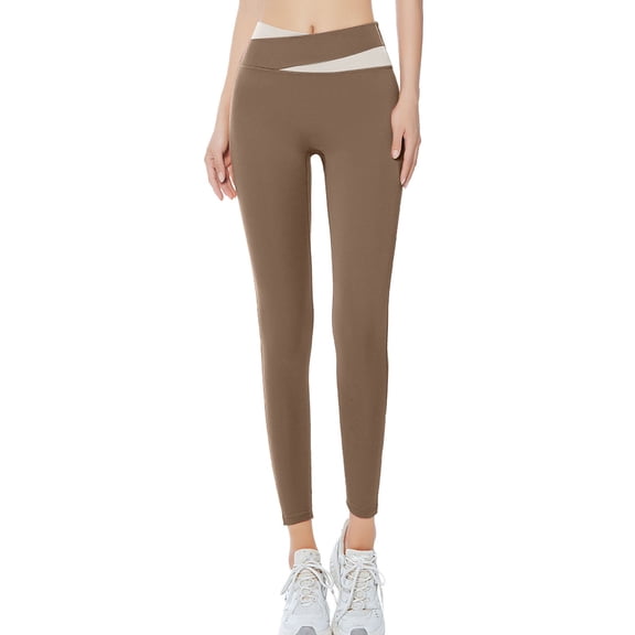 Womens Color Block Color Matching Tight Height Waist Exercise Yoga Pants Belly Suction Moisture Wicking Perspiration Quick Drying Breathable Running Fitness Pants(XL, Coffee)