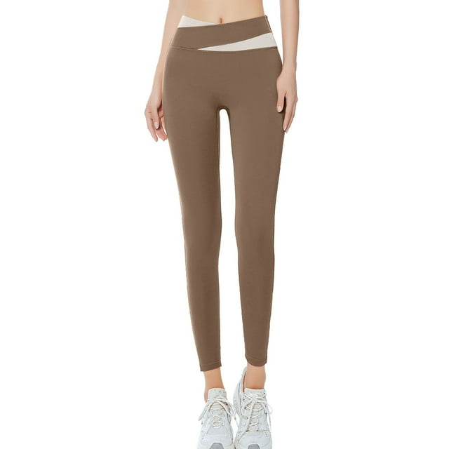 MIASHUI Color Block Tight High Waist Workout Yoga Pants Tummy Control Moisture Wicking Quick Dry Breathable Running Fitness Long Pants Coffee,XL