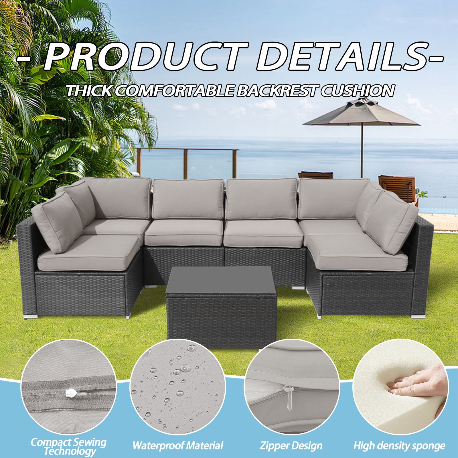 FKS LIFE Outdoor Replacement Cushions for Patio Furniture, Water-Resistant Sofa Cushion for 6-Seat Rattan Wicker Sectional Patio Conversation Sets, 14-Piece Cushions Set for Outdoor