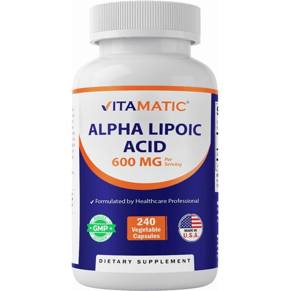 Vitamatic Alpha Lipoic Acid (ALA) 600mg Per Serving - 240 Vegetable Capsules - 120 Servings - Non-GMO & Gluten Free