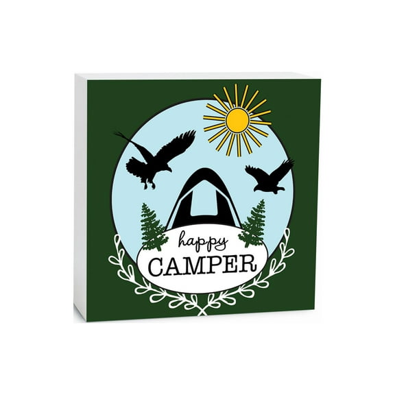 Happy Camper Pine Tent Sun Birds 5 x 5 Wood Tabletop Sign Plaque