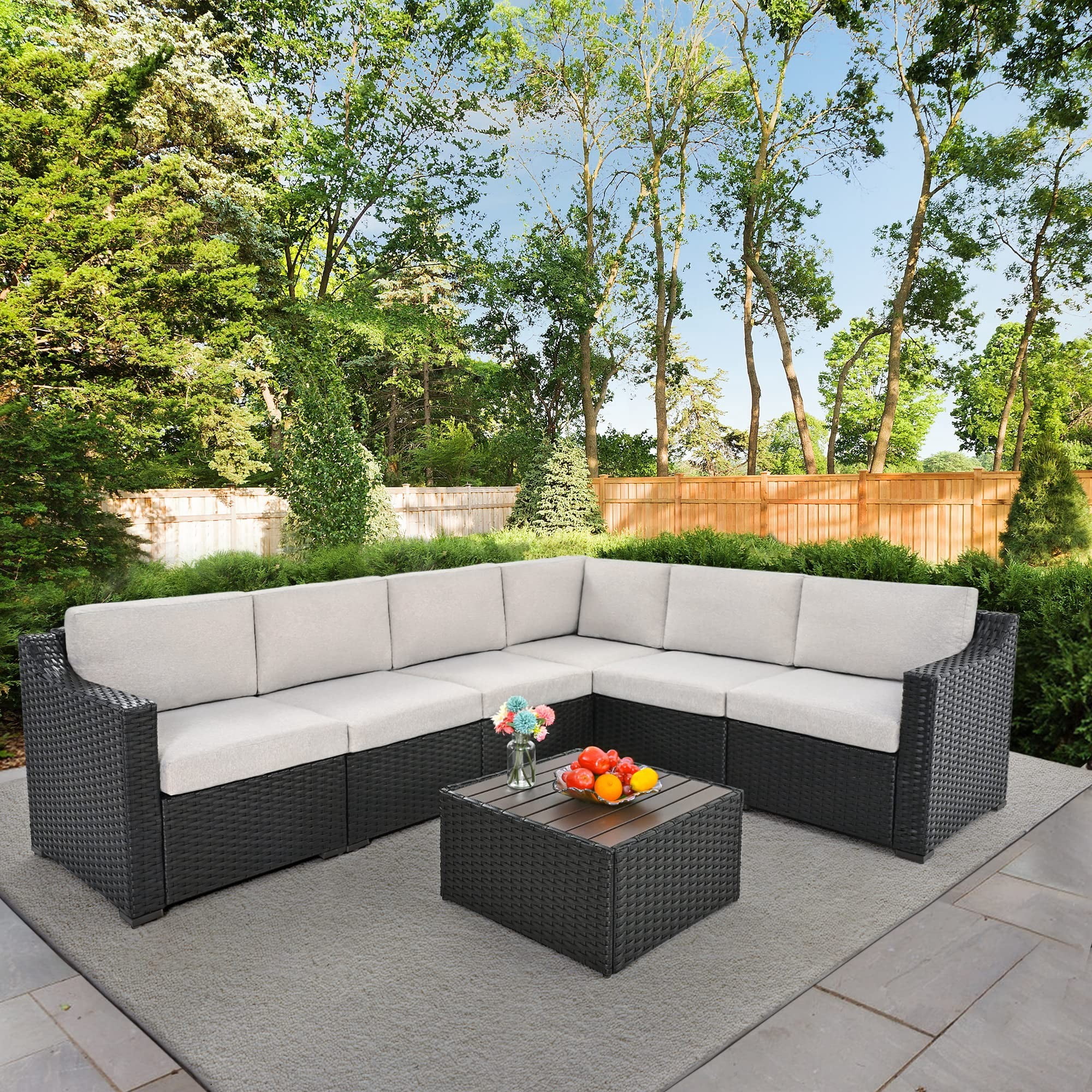 7 Piece Patio Conversation Set, Outdoor Rattan Wicker Sectional Sofa, All-Weather Modular Patio Furniture Set with Cushions for Backyard, Balcony, Porch (Brown/Gray)