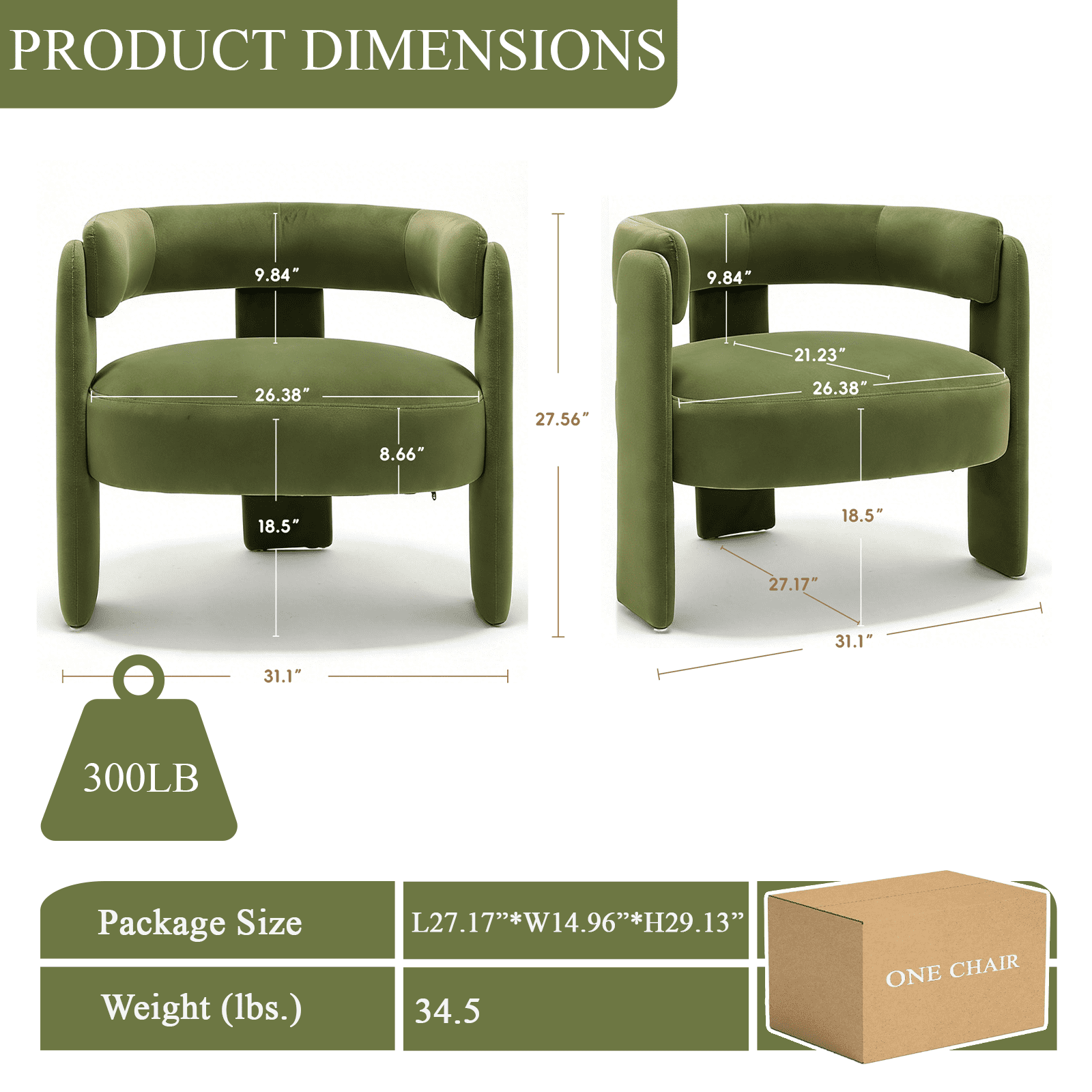 Aukfa Modern Velvet Barrel Accent Chair with 8.66" Thick Seat Cushion, Upholstered Armchair with 300 lb Weight Capacity for Living Room,Olive Green