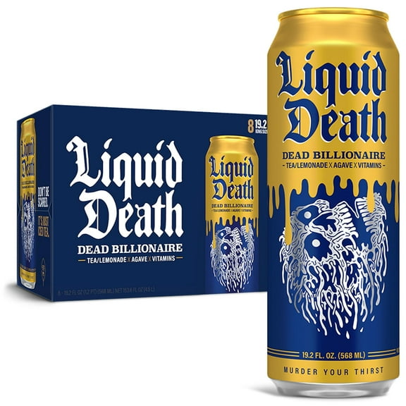 Liquid Death, Dead Billionaire Iced Tea, 8-Pack (19.2oz Cans), Half Lemonade Half Black Tea, Low Calorie, No Artificial Sweeteners, B12 & B6 Vitamins