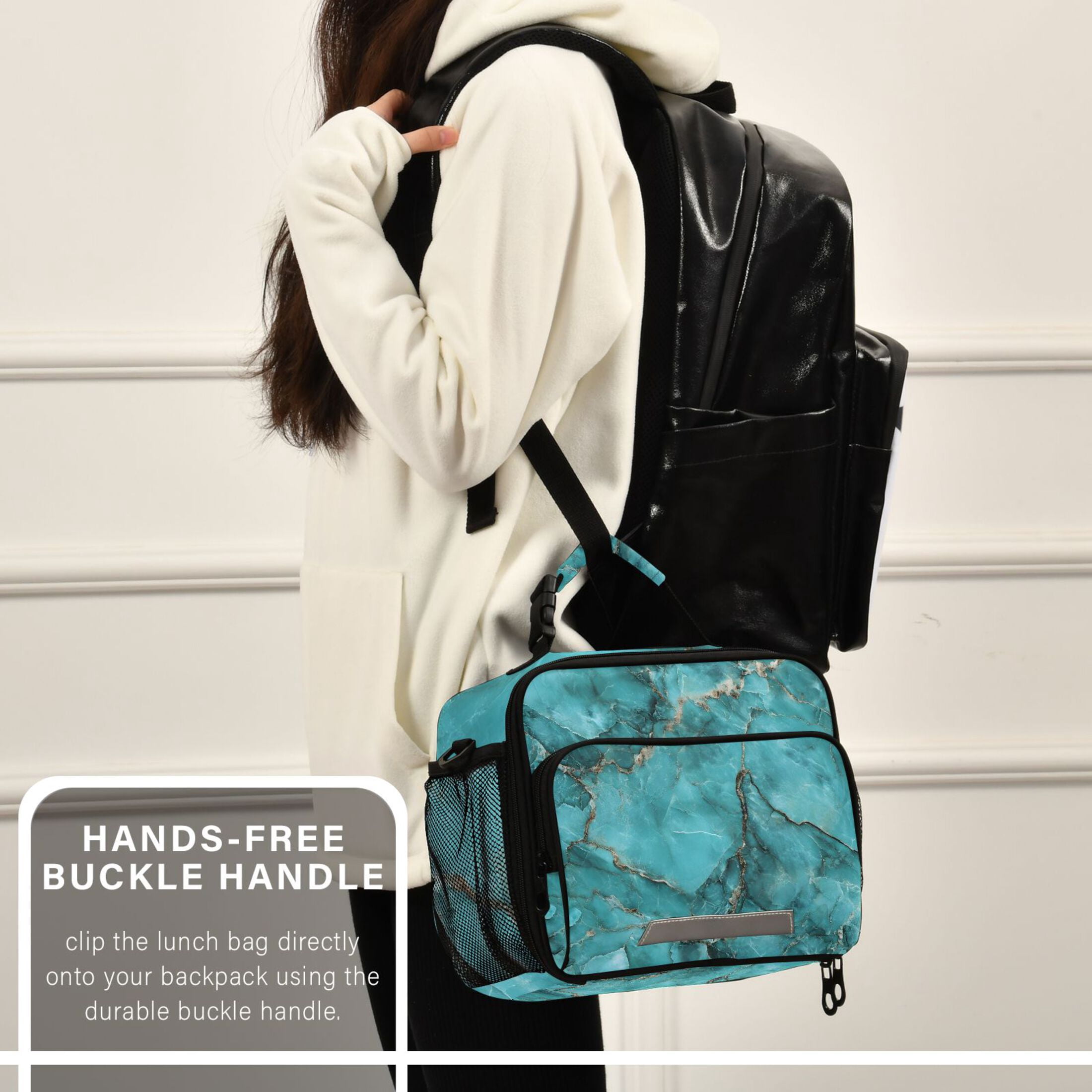 ALAZA Turquoise Marble Lunch Box Insulated Cooler Bag Reusable Tote Bags Shoulder Strap