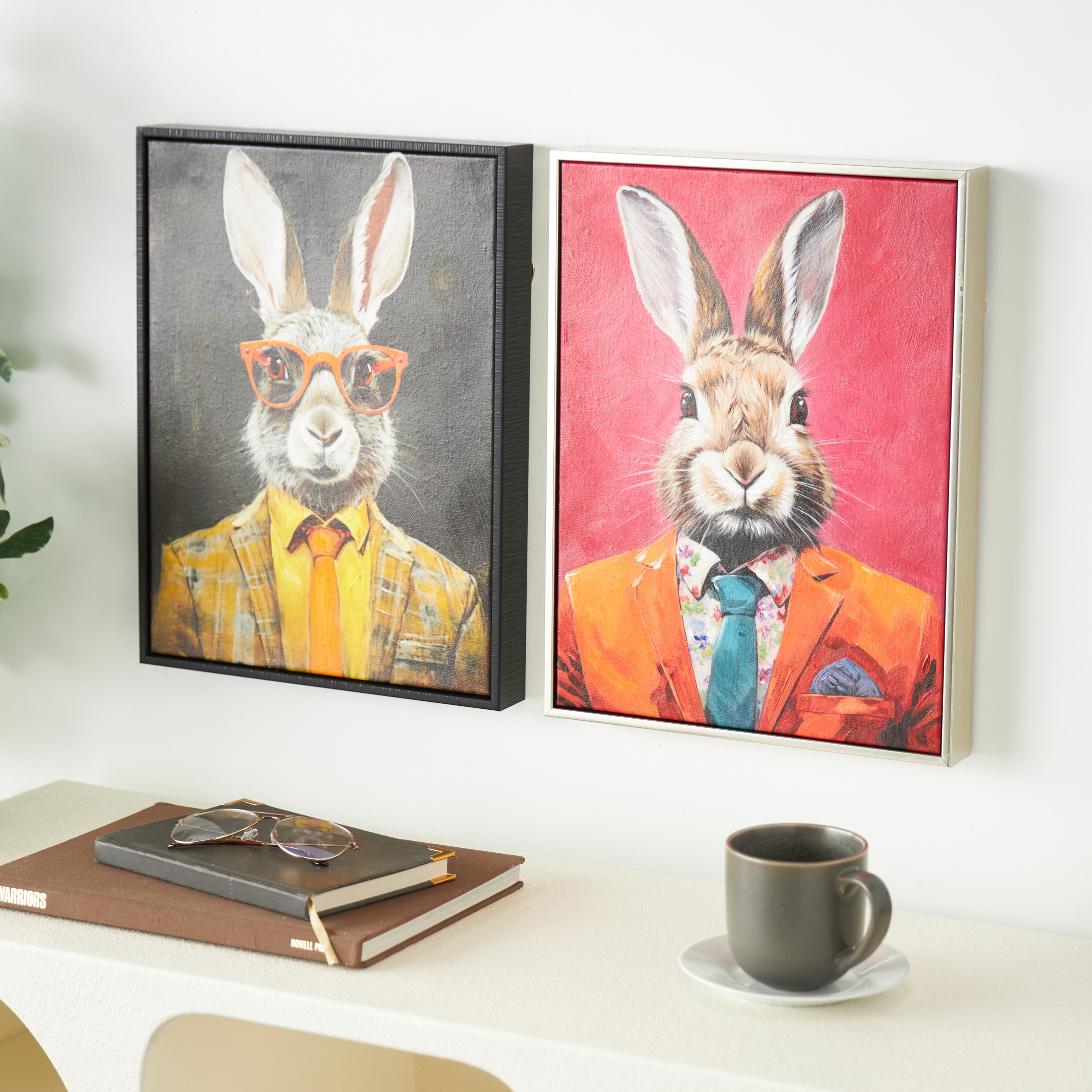 13" x 17" Business Rabbit Framed Wall Art with Glasses and Handkerchief, by DecMode (2 Count)