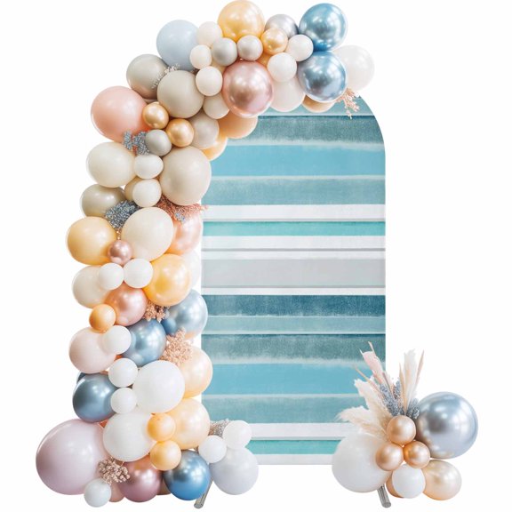 Teal Nordic Style Stripes Arch Backdrop Cover 4x1.65 Ft, Spandex Wedding Arch Stand Cover, Turquoise Texture Round Top Stretch Fitted Background Covers for Birthday Ceremony Party Decor